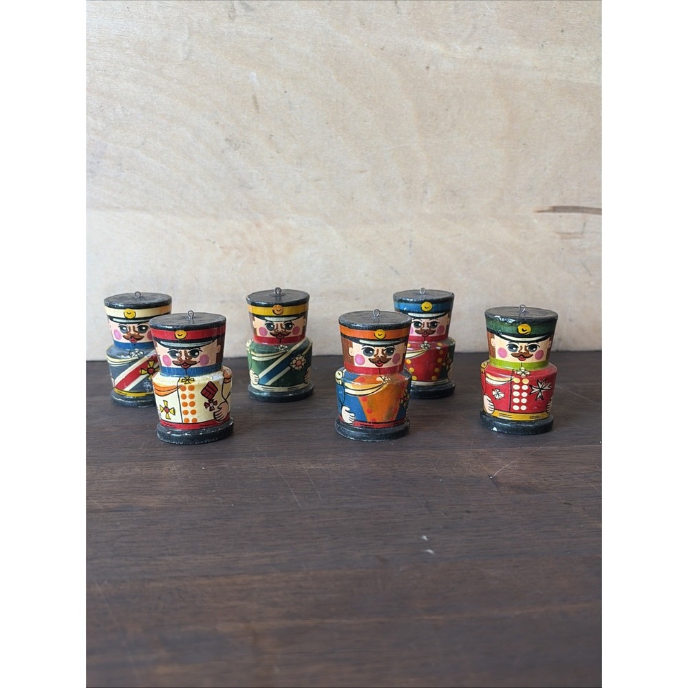 Vtg Russian Set of 6 Vintage Wooden Soldiers Hand Painted Christmas Ornaments